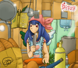 Rule 34 | 1girl, :/, apron, arc system works, asymmetrical wings, bag, baguette, blue hair, book, bread, carrot, cooking, dizzy (guilty gear), food, grocery bag, guilty gear, head scarf, indoors, knife, ladle, red eyes, refrigerator, shopping bag, solo, vegetable, wings
