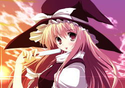 Rule 34 | 1girl, :p, blonde hair, female focus, food, gradient background, hat, kirisame marisa, outdoors, popsicle, sky, solo, tongue, tongue out, touhou, tsukinon, upper body, witch, witch hat