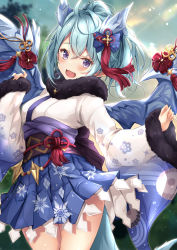 Rule 34 | 1girl, blue hair, blush, dragon girl, dragon horns, dragon tail, dragon wings, happy new year, highres, horns, japanese clothes, kimono, looking at viewer, new year, open mouth, princess connect!, purple eyes, rumiko (rmeco), sheffy (princess connect!), skirt, tail, wings