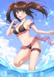 Rule 34 | 1girl, ;d, absurdres, bare arms, bare shoulders, bikini, black bikini, black bra, black hair, blunt bangs, bra, breasts, cleavage, cloud, commentary request, date a live, dot nose, frilled skirt, frills, hair ribbon, happy, highres, holding hands, k 9, knee up, looking at viewer, medium breasts, microskirt, navel, one eye closed, open mouth, outdoors, red eyes, red ribbon, ribbon, see-through, side-tie skirt, skirt, sky, smile, sparkle, splashing, standing, standing on one leg, swimsuit, thigh strap, tokisaki kurumi, twintails, underwear, water