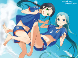 Rule 34 | &gt;:d, 10s, 2014 fifa world cup, 2girls, :d, bare legs, barefoot, black hair, blue eyes, blue hair, blue sky, cloud, dated, day, feet, green eyes, holding hands, harada itsumi, japan, kantai collection, looking at viewer, low twintails, midriff, multiple girls, navel, open mouth, panties, ponytail, samidare (kancolle), shorts, sky, smile, suzukaze (kancolle), twintails, twitter username, underwear, uniform, upshorts, v-shaped eyebrows, white panties, world cup