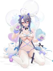 Rule 34 | 1girl, ahoge, animal ears, animal hands, areola slip, azur lane, bare shoulders, bell, blue hair, breasts, cat ears, cat paws, cat tail, choker, cross hair ornament, crossed bangs, fang, foch (azur lane), gloves, hair ornament, heart, heart ahoge, highres, jingle bell, kneeling, large breasts, long hair, looking at viewer, midriff, multicolored hair, navel, ohisashiburi, panties, paw gloves, paw pose, purple hair, red eyes, side-tie panties, simple background, skindentation, slit pupils, smile, solo, tail, thighhighs, two-tone hair, underwear, very long hair, white background, white thighhighs, yarn
