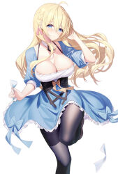 Rule 34 | 1girl, ahoge, black pantyhose, blonde hair, blue dress, blue eyes, braid, breasts, cleavage, closed mouth, collar, collarbone, commentary request, detached collar, dress, feet out of frame, frilled dress, frills, hair between eyes, hand up, highres, holding, large breasts, long hair, looking at viewer, original, pantyhose, puffy short sleeves, puffy sleeves, ririko (zhuoyandesailaer), saegusa futaba, short sleeves, simple background, solo, standing, standing on one leg, very long hair, white background, white collar