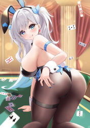 Rule 34 | 1girl, :q, absurdres, ace (playing card), ace of clubs, animal ears, ass, black bow, black bowtie, black leotard, blue eyes, blue nails, blue ribbon, bow, bowtie, breasts, card, club (shape), collar, detached collar, earrings, elegant (sumisumi4268), fake animal ears, five of spades, four of clubs, hair ribbon, hand on own ass, heart, heart earrings, heart in eye, highres, iriam, jack (playing card), jack of diamonds, jewelry, kaguya tsukinagi, large breasts, leotard, nail polish, nine of diamonds, on table, pantyhose, playboy bunny, playing card, poker table, rabbit ears, rabbit tail, ribbon, shadow, six of spades, solo, symbol in eye, table, tail, thigh strap, three of clubs, three of hearts, tongue, tongue out, two of spades, two side up, virtual youtuber, white collar, white wrist cuffs, wrist cuffs