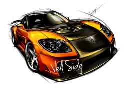Rule 34 | car, chris ilst, fast &amp; furious, highres, mazda, mazda rx-7, mazda rx-7 fd, motor vehicle, no humans, signature, simple background, spoiler (automobile), sports car, the fast and the furious, the fast and the furious: tokyo drift, vehicle focus, veilside, white background