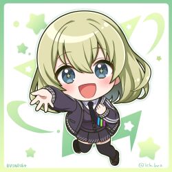 Rule 34 | + +, 1girl, :d, black jacket, black necktie, black skirt, black sweater vest, black thighhighs, blue eyes, border, brown footwear, chibi, clenched hand, collared shirt, commentary, full body, gradient border, green border, green hair, hashtag, highres, ichihara naga, jacket, light blush, meano (vta), necktie, nijisanji, open mouth, outstretched hand, school uniform, shirt, shoes, short hair, skirt, smile, solo, star (symbol), sweater vest, thighhighs, twitter username, virtual talent academy, virtual talent academy uniform, virtual youtuber, white background, white shirt, wing collar