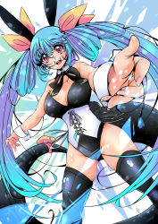 Rule 34 | 1girl, animal ears, animal print, black bow, black bowtie, black leotard, blue hair, blush, bow, bowtie, breasts, cleavage, collar, commission, corset, dizzy (guilty gear), fake animal ears, fingernails, groin, guilty gear, guilty gear xrd, hair between eyes, hair ribbon, hair rings, highleg, highleg leotard, highres, iguana henshuu-chou, large breasts, leotard, long hair, monster girl, nail polish, open mouth, outstretched arm, pink nails, playboy bunny, rabbit ears, rabbit print, red eyes, ribbon, simple background, skeb commission, skindentation, solo, tail, tail ornament, tail ribbon, thighhighs, thighs, twintails, white background, white collar, wrist cuffs, yellow ribbon