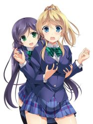 Rule 34 | 10s, 2girls, ayase eli, blonde hair, blue eyes, grabbing another&#039;s breast, grabbing, grabbing from behind, green eyes, ishigami kazui, long hair, love live!, love live! school idol project, multiple girls, open mouth, purple hair, skirt, tojo nozomi