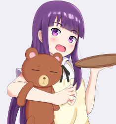 Rule 34 | 1girl, absurdres, angdo (kakajo26), apron, arm at side, bad id, bad pixiv id, black ribbon, blunt bangs, daisy (working!!), grey background, hand up, highres, holding, holding stuffed toy, holding tray, long hair, looking at viewer, neck ribbon, open mouth, purple eyes, purple hair, ribbon, shirt, short sleeves, sidelocks, simple background, smile, straight hair, stuffed animal, stuffed toy, teddy bear, tongue, tray, upper body, very long hair, white shirt, working!!, yamada aoi, yellow apron