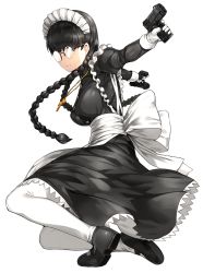 Rule 34 | 1girl, back bow, black eyes, black hair, black lagoon, bow, braid, combat maid, cross, cross necklace, dual wielding, expressionless, glasses, gloves, gun, holding, jewelry, kfr, long hair, maid, maid headdress, necklace, pantyhose, roberta (black lagoon), solo, twin braids, weapon, white gloves, white pantyhose