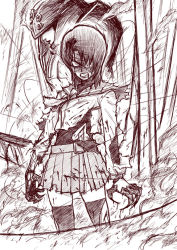 Rule 34 | 00s, 1girl, bandages, crazy eyes, eyepatch, injury, monochrome, my-hime, nier (l215), pleated skirt, skirt, solo, thighhighs, torn clothes, you gonna get raped, yuuki nao