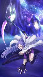 Rule 34 | 1girl, absurdres, black footwear, black gloves, black shorts, boots, cape, fingerless gloves, floating hair, full body, gloves, grey cape, hair between eyes, hair ornament, highres, holding, holding scythe, jacket, long hair, long sleeves, mito (sao), on one knee, open mouth, orange eyes, parted bangs, ponytail, purple hair, purple jacket, roko86307371, scythe, short shorts, shorts, sky, solo, star (sky), starry sky, sword art online, thigh boots, thighhighs, very long hair, x hair ornament, zettai ryouiki
