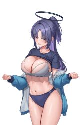 Rule 34 | 1girl, black shirt, blue archive, blue buruma, blue eyes, blue hair, blue jacket, bow, bow bra, bra, breasts, buruma, cleavage, clothes lift, cowboy shot, grey bra, gym uniform, half updo, halo, highres, jacket, kekko 044, lace, lace-trimmed bra, lace trim, large breasts, long hair, long sleeves, looking at viewer, navel, off shoulder, official alternate costume, open clothes, open jacket, open mouth, parted bangs, purple hair, revision, shirt, shirt lift, short sleeves, simple background, smile, solo, stomach, sweatdrop, thighs, underwear, white background, yuuka (blue archive), yuuka (track) (blue archive)