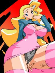 Rule 34 | 1990s (style), 1girl, artist request, blonde hair, blue eyes, breasts, cleavage cutout, clothing cutout, earrings, covered erect nipples, jewelry, large breasts, long hair, long sleeves, looking at viewer, no bra, panties, narrow waist, solo, swan white, thick thighs, thighhighs, thighs, underwear, very long hair, yuusha ou gaogaigar, yuusha series, zettai ryouiki