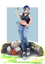 Rule 34 | 1girl, absurdres, artist request, asymmetrical bangs, bare shoulders, belt, black choker, blue hair, breasts, brown eyes, camera, choker, cleavage, collarbone, creatures (company), crop top, curvy, denim, full body, game freak, green hair, highres, hisuian growlithe, holding, holding poke ball, jeans, large breasts, midriff, multicolored hair, navel, nintendo, off-shoulder shirt, off shoulder, pants, perrin (pokemon), poke ball, pokemon, pokemon sv, shirt, short hair, short sleeves, sleeveless, sleeveless turtleneck, solo, tank top, turtleneck, white shirt, wide hips