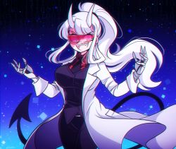 Rule 34 | 1girl, black necktie, breasts, chromatic aberration, collared shirt, demon girl, demon horns, demon tail, fangs, helltaker, highres, horns, large breasts, littlecloudie, long hair, long sleeves, looking at viewer, loremaster (helltaker), mechanical arms, necktie, open mouth, ponytail, red shirt, shirt, smile, solo, tail, upper body, white hair