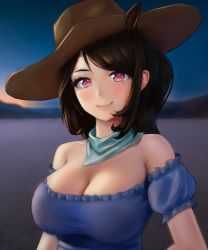Rule 34 | 1girl, aqua bandana, bare shoulders, black hair, blurry, blurry background, breasts, brown hat, cleavage, closed mouth, commentary, cowboy hat, english commentary, frilled sleeves, frills, hat, highres, kurokoma saki, large breasts, long hair, looking at viewer, outdoors, red eyes, smile, solo, touhou, upper body, yyf (seaknight)