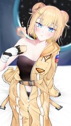 Rule 34 | 1girl, astronaut, black tube top, blonde hair, blue eyes, blurry, blurry background, bow, breast pocket, breasts, brown bow, cup, double bun, gloves, hair bow, hair bun, highres, holding, holding cup, hololive, hololive english, medium breasts, navel, obscookie, parted lips, partially undressed, pocket, short hair, single bare shoulder, solo, spacesuit, strapless, tube top, two-tone gloves, unzipped, virtual youtuber, watson amelia, watson amelia (astronaut), white gloves, window, zipper pull tab