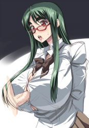Rule 34 | 1girl, breasts, eyebrows, glasses, green hair, huge breasts, kloah, long hair, open mouth, original, otsuka ren, paizuri, paizuri under clothes, penis, penis under another&#039;s clothes, red eyes, ribbon, school uniform, straining buttons, thick eyebrows
