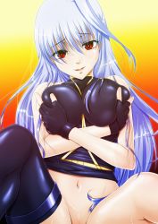 Rule 34 | 1girl, bare shoulders, blue hair, bottomless, breast hold, breasts, fingerless gloves, gloves, highres, large breasts, long hair, looking at viewer, lyrical nanoha, mahou shoujo lyrical nanoha, mahou shoujo lyrical nanoha a&#039;s, navel, out-of-frame censoring, parted lips, red eyes, reinforce, grabbing own breast, single thighhigh, smile, solo, tappa (esperanza), thighhighs