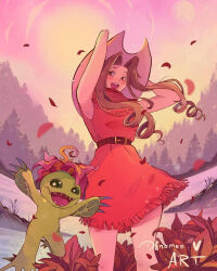 Rule 34 | 1girl, 1other, arms up, artist name, belt, brown belt, brown eyes, brown hair, digimon, digimon (creature), dinomonart, dress, hat, long hair, looking at viewer, open mouth, outdoors, palmon, plant, plant monster, red dress, sunset, tachikawa mimi, teeth, tree, upper teeth only, watermark, white headwear