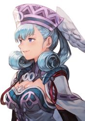 Rule 34 | 1girl, blue eyes, blush, breasts, curly hair, elbow gloves, gloves, hat, head wings, hungry clicker, jewelry, long hair, looking at viewer, medium breasts, melia antiqua, nintendo, silver hair, simple background, smile, solo, wings, xenoblade chronicles (series), xenoblade chronicles 1