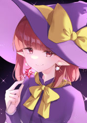 Rule 34 | 1girl, absurdres, ameria (artist), bow, bowtie, capelet, closed mouth, commentary request, dress, earrings, happy, hat, hat bow, highres, holding, holding wand, jewelry, kirisame marisa, kirisame marisa (pc-98), looking at viewer, pointy ears, purple capelet, purple dress, purple hat, red eyes, red hair, short hair, smile, star wand, story of eastern wonderland, touhou, touhou (pc-98), upper body, wand, witch, witch hat, yellow bow, yellow bowtie