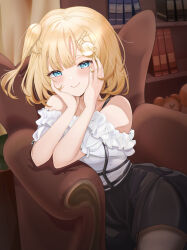 Rule 34 | 1girl, absurdres, alarm clock, artist name, bare shoulders, black pantyhose, black skirt, blonde hair, blue eyes, blunt bangs, blush, book, bookshelf, chair, clock, closed mouth, commentary, couch, frilled shirt, frills, hair ornament, hairclip, half-closed eyes, hands on own cheeks, hands on own face, head rest, high-waist skirt, highres, hololive, hololive english, indoors, jewelry, looking at viewer, necklace, off shoulder, official alternate costume, official alternate hairstyle, one side up, pantyhose, shirt, short hair, shunnukiki, signature, sitting, skirt, smile, solo, suspender skirt, suspenders, virtual youtuber, watson amelia, watson amelia (street casual), white shirt, zipper skirt