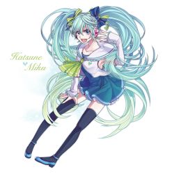 Rule 34 | 1girl, aqua eyes, aqua hair, bow, character name, detached sleeves, gradient hair, hair bow, hatsune miku, headphones, long hair, looking at viewer, multicolored hair, nail polish, open mouth, simple background, skirt, smile, solo, thighhighs, twintails, very long hair, vocaloid, yamako (state of children), zettai ryouiki