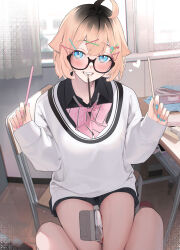 Rule 34 | 1girl, absurdres, ahoge, between legs, blonde hair, blue eyes, blue nails, bow, bowtie, classroom, collared shirt, desk, food, glasses, hair ornament, hairclip, heart, heart hair ornament, highres, indoors, leg between thighs, long sleeves, mouth hold, multicolored nails, original, pink bow, pink bowtie, pink nails, pocky, pov, rerrere, round eyewear, school desk, shirt, short hair, sitting, sleeves past wrists, solo focus, striped bow, striped bowtie, striped clothes, teeth hold