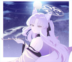 Rule 34 | 1girl, animal ears, blue archive, breasts, eko, fox ears, grey eyes, halo, highres, holding, holding smoking pipe, japanese clothes, kimono, kuzunoha (blue archive), long hair, long sleeves, parted lips, ribbon-trimmed sleeves, ribbon trim, small breasts, smoking pipe, solo, white hair, white kimono, wide sleeves