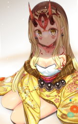 Rule 34 | 1girl, absurdres, blonde hair, breasts, cleavage, earrings, fate/grand order, fate (series), floral print, highres, horns, ibaraki douji (fate), japanese clothes, jewelry, kimono, long hair, looking at viewer, medium breasts, oni, oni horns, pointy ears, shiny skin, short kimono, simple background, sitting, solo, tattoo, wide sleeves, yellow eyes, yellow kimono, zhafitren