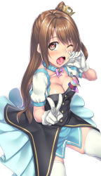 Rule 34 | 10s, 1girl, blush, breasts, brooch, brown eyes, brown hair, cleavage, detached sleeves, fellatio gesture, gloves, h kasei, hand gesture, heart, heart-shaped pupils, idol, idolmaster, idolmaster cinderella girls, jewelry, long hair, looking at viewer, open mouth, puff and slash sleeves, puffy short sleeves, puffy sleeves, shimamura uzuki, short sleeves, side ponytail, simple background, sitting, skindentation, smile, solo, star!!, symbol-shaped pupils, thighhighs, tongue, v, white gloves, white thighhighs, zettai ryouiki