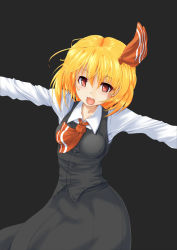 Rule 34 | 1girl, black background, blonde hair, blush, breasts, fang, hair ribbon, nokishita kumoemon, open mouth, outstretched arms, red eyes, ribbon, rumia, short hair, simple background, skirt, skirt set, smile, solo, touhou