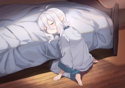 Rule 34 | 1girl, antenna hair, barefoot, bed, blush, closed eyes, closed mouth, commentary request, full body, grey pants, grey shirt, hair between eyes, indoors, kokkoro (princess connect!), long sleeves, niizuka (c-drop), pants, pointy ears, princess connect!, shirt, silver hair, sitting, sleepwear, smile, soles, solo, wariza, wooden floor