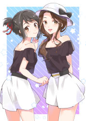 Rule 34 | 2girls, :&gt;, :d, alternate costume, arms behind back, bad id, bad pixiv id, bare shoulders, black bow, black hair, blush, bow, brown eyes, brown hair, commentary, cowboy shot, from behind, gradient background, hair ribbon, hat, hat bow, high-waist skirt, kimi no na wa., long hair, looking at viewer, matching outfits, miyamizu mitsuha, multiple girls, okudera miki, open mouth, pipioo088, red ribbon, ribbon, shirt, short hair, short sleeves, skirt, sleeveless, sleeveless shirt, smile, star (symbol), starry background, wavy hair, white hat, white skirt
