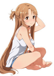 Rule 34 | 1girl, asuna (sao), bare arms, bare legs, bare shoulders, barefoot, braid, breasts, brown eyes, brown hair, camisole, cleavage, feet, full body, hands on feet, large breasts, long hair, looking at viewer, medium breasts, nakasima-syouta, short shorts, shorts, sideboob, sitting, smile, solo, sword art online, toes, very long hair, white background