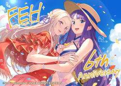 Rule 34 | 2girls, :d, altina (fire emblem), blue eyes, bracelet, braid, breasts, cloud, day, edelgard von hresvelg, fire emblem, fire emblem: radiant dawn, fire emblem: three houses, fire emblem heroes, flower, frilled one-piece swimsuit, frills, hair flower, hair ornament, hair ribbon, hat, jewelry, kakage, large breasts, lens flare, long hair, looking at viewer, multiple girls, navel, nintendo, official alternate costume, official art, one-piece swimsuit, open mouth, pearl bracelet, purple hair, red one-piece swimsuit, ribbon, sky, smile, sun hat, swimsuit, sword, teeth, upper teeth only, very long hair, water, weapon, white flower, white hair, white one-piece swimsuit