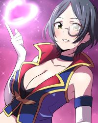 Rule 34 | 10s, 1girl, black hair, breasts, choker, cleavage, commentary request, elbow gloves, gloves, hayami kanade, heart, idolmaster, idolmaster cinderella girls, ikari manatsu, looking at viewer, medium breasts, monocle, parted bangs, parted lips, short hair, smile, solo, white gloves, yellow eyes
