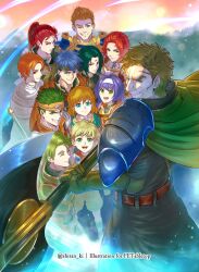 3girls 6+boys armor axe battle_axe blonde_hair blue_eyes blue_hair boyd_(fire_emblem) brown_hair cape closed_eyes commentary english_commentary facial_mark fire_emblem fire_emblem:_path_of_radiance forehead_mark gatrie_(fire_emblem) gloves green_eyes green_hair greil grin hair_tubes headband highres holding holding_axe ike_(fire_emblem) long_hair mature_male mia_(fire_emblem) mist_(fire_emblem) multiple_boys multiple_girls nintendo one_eye_closed orange_eyes orange_hair oscar_(fire_emblem) pauldrons ponytail purple_hair red_eyes red_hair rhys_(fire_emblem) rolf_(fire_emblem) scar scar_on_face scar_on_forehead shinon_(fire_emblem) shiran_ki short_hair shoulder_armor single_pauldron smile soren_(fire_emblem) titania_(fire_emblem) twitter_username weapon