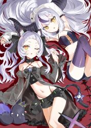 Rule 34 | 2girls, absurdres, animal ears, black collar, cat ears, cat tail, collar, cropped shirt, detached sleeves, dress, frilled dress, frills, grey hair, highres, hololive, horns, la+ darknesss, long hair, lying, multicolored hair, multiple girls, murasaki shion, purple hair, ryoma (rym 369), short shorts, shorts, single thighhigh, streaked hair, striped horns, tail, thighhighs, twintails, virtual youtuber