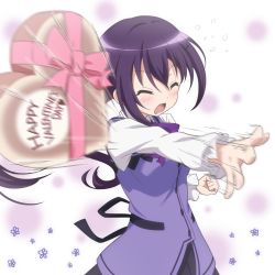 Rule 34 | 1girl, black skirt, blush, bow, bowtie, breasts, buttons, candy, chocolate, chocolate heart, clenched hand, closed eyes, collared shirt, commentary request, cowboy shot, embarrassed, english text, flower, flying sweatdrops, food, gochuumon wa usagi desu ka?, happy valentine, heart, highres, long hair, long sleeves, medium breasts, motion lines, open mouth, pink ribbon, purple bow, purple bowtie, purple hair, purple vest, rabbit house uniform, red star (toranecomet), ribbon, shirt, sidelocks, skirt, solo, tedeza rize, throwing, twintails, two-tone background, valentine, vest, white shirt