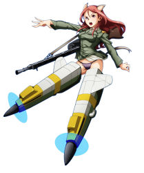 Rule 34 | 1girl, animal ears, breasts, gun, highres, long hair, machine gun, military, military uniform, minna-dietlinde wilcke, open mouth, outstretched arm, outstretched hand, panties, pink eyes, red hair, shirt, simple background, solo, strike witches, striker unit, tabigarasu, tail, taut clothes, taut shirt, underwear, uniform, weapon, world witches series