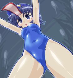 Rule 34 | 1girl, :o, blue eyes, blue hair, blue one-piece swimsuit, blush, breasts, colored eyelashes, from below, grey background, hat, highleg, highleg swimsuit, miyako yoshika, ofuda, one-piece swimsuit, outstretched arms, pale skin, purple eyes, purple hair, school swimsuit, shiny clothes, shiny skin, short hair, small breasts, solo, swimsuit, thighs, touhou, winn, zombie pose