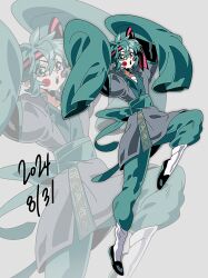 Rule 34 | 1girl, green hair, hatsune miku, highres, korean clothes, long sleeves, mummu888, sleeves past fingers, sleeves past wrists, solo, standing, standing on one leg, vocaloid