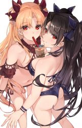 Rule 34 | absurdres, ass, bikini, black hair, blonde hair, blue bikini, blush, bow, breasts, brown bikini, bubble tea challenge, closed mouth, ereshkigal (fate), fate/grand order, fate (series), hair bow, highres, ishtar (fate), long hair, looking at viewer, looking back, medium breasts, navel, parted bangs, red eyes, siblings, simple background, sisters, smile, swimsuit, thighs, to gemichi, two side up, white background