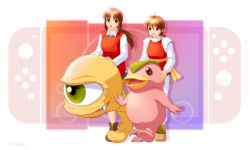 Rule 34 | 2girls, :d, ahoge, ankle boots, blouse, boots, brown hair, collared shirt, colt (monster farm), creature, dated, game console, hair between eyes, holly (monster farm), long hair, long sleeves, looking at another, mocchi (monster farm), monster farm, multiple girls, nintendo switch, open mouth, pants, pipoo, ponytail, red eyes, resolution mismatch, retro artstyle, shirt, short hair, smile, source larger, suezo, white pants, white shirt
