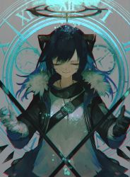 Rule 34 | 1girl, absurdres, arknights, black jacket, blue hair, closed eyes, commentary request, demon horns, fur trim, gloves, hair between eyes, halo, highres, horns, jacket, kensei (v2), long hair, long sleeves, mostima (arknights), open clothes, shirt, smile, solo, staff, upper body, white shirt