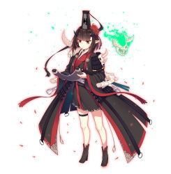Rule 34 | 1girl, animal skull, black coat, black footwear, black kimono, boots, brown eyes, brown hair, closed mouth, coat, commentary request, flower, glowing, hair flower, hair ornament, hat, highres, holding, horns, japanese clothes, jie (530940004), kimono, long sleeves, makeup, mini hat, obi, open clothes, open coat, original, red flower, sash, short hair, short kimono, simple background, skindentation, skull, solo, spine, standing, thigh strap, white background, wide sleeves