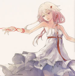 Rule 34 | 10s, 1girl, bare shoulders, dress, guilty crown, hair between eyes, hair ornament, hairclip, highres, low twintails, official art, outstretched arm, pink eyes, pink hair, redjuice, ribbon, sleeveless, smile, solo, string, string of fate, sundress, twintails, white dress, yuzuriha inori